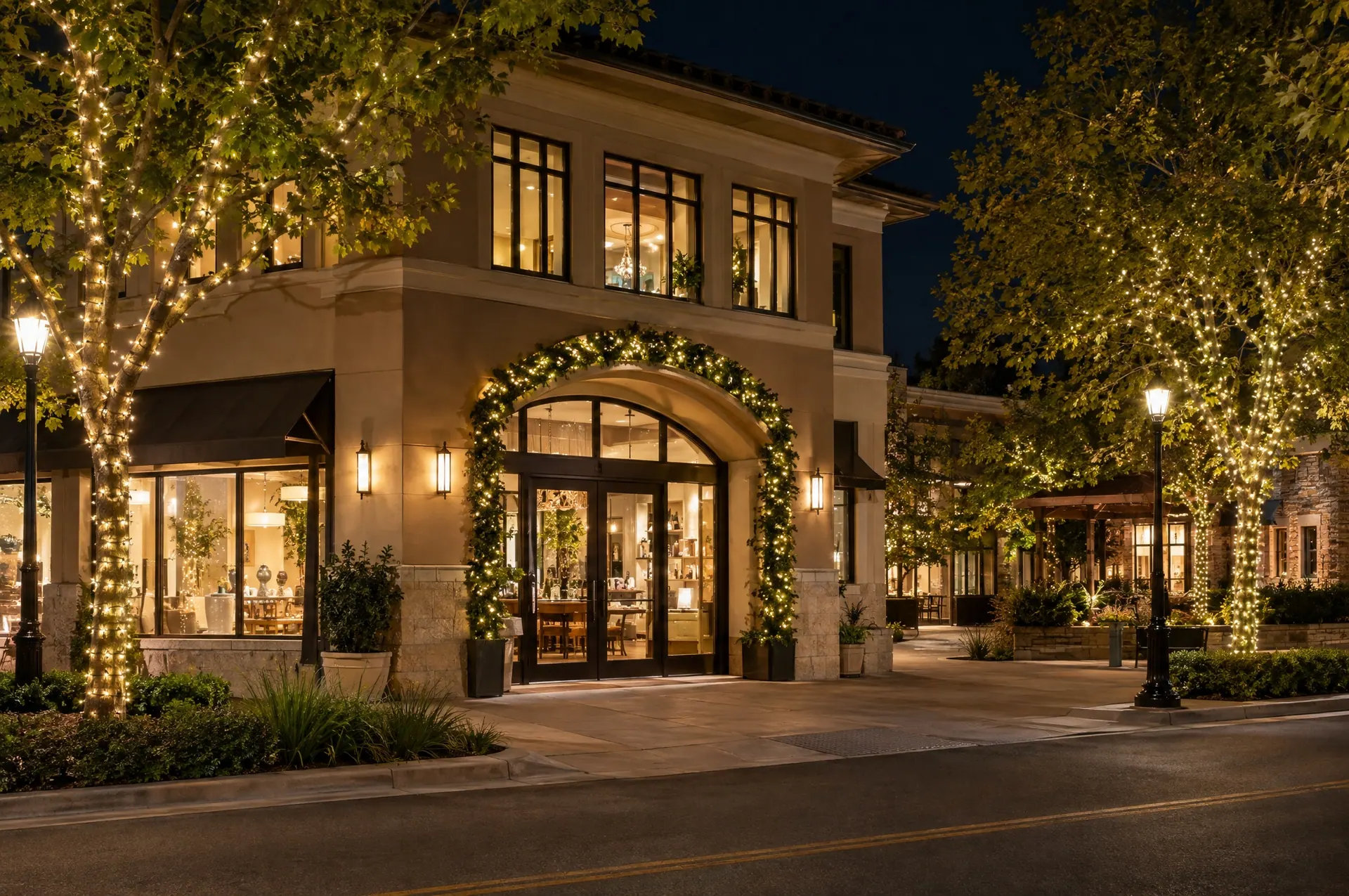 Small downtown commercial building at night with street trees wrapped in warm white lights and a lit garland over the entrance