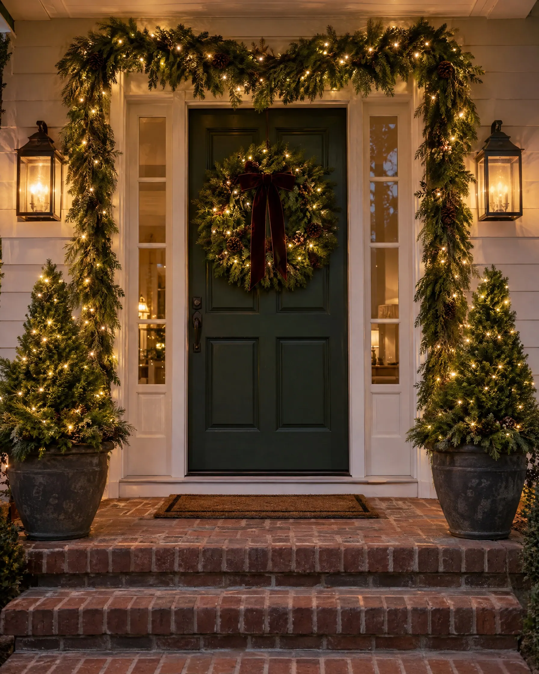 Front door framed by a lit evergreen garland, a lit wreath with a ribbon and two lit topiaries on brick steps