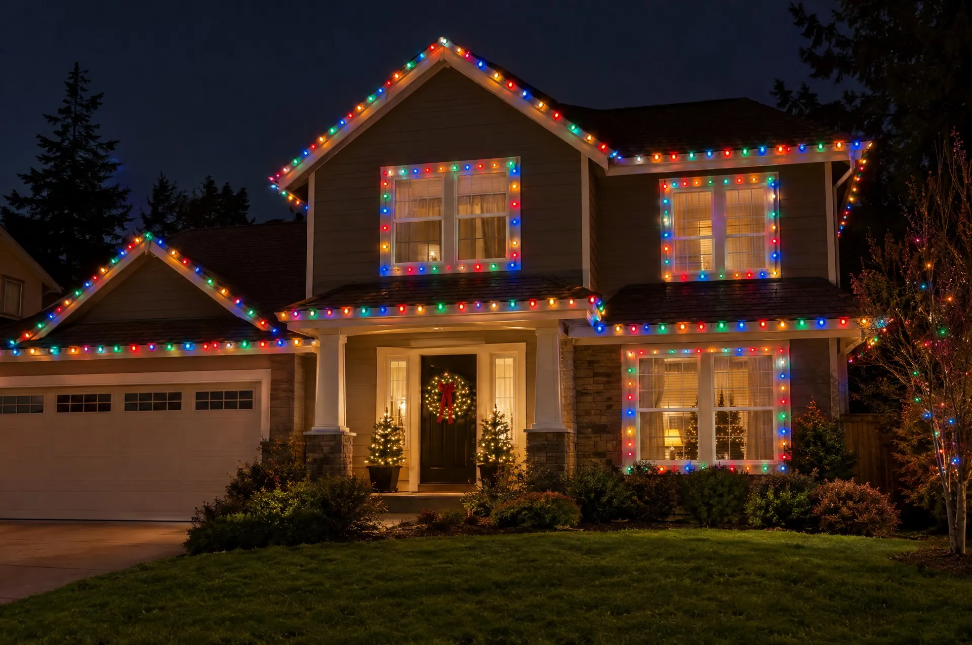 Two-story suburban home at night decorated with classic multicolor C9 lights along the rooflines and windows