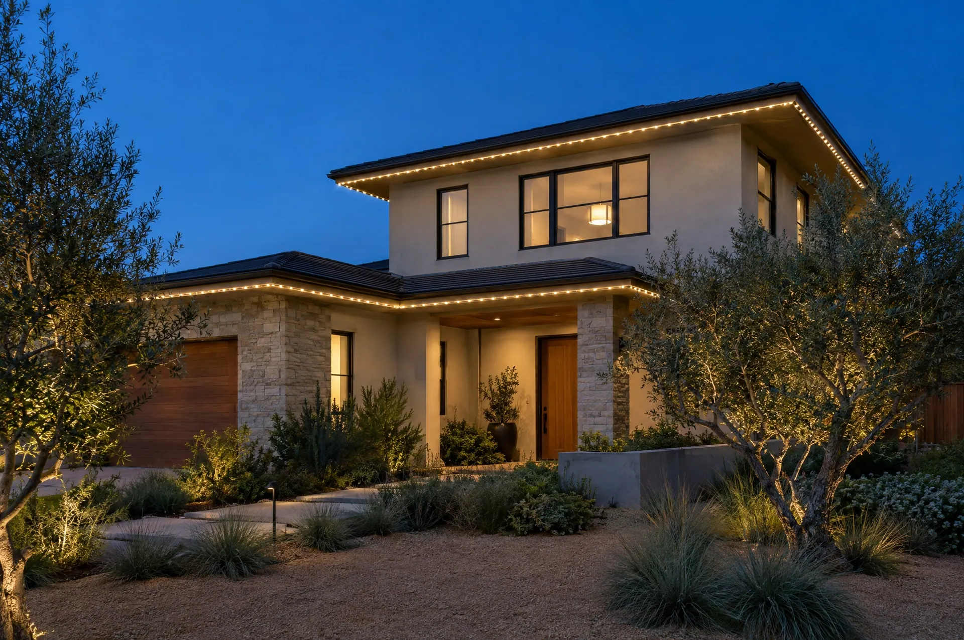 Contemporary two-story home at blue hour with a continuous line of warm white LED points tucked under the eaves