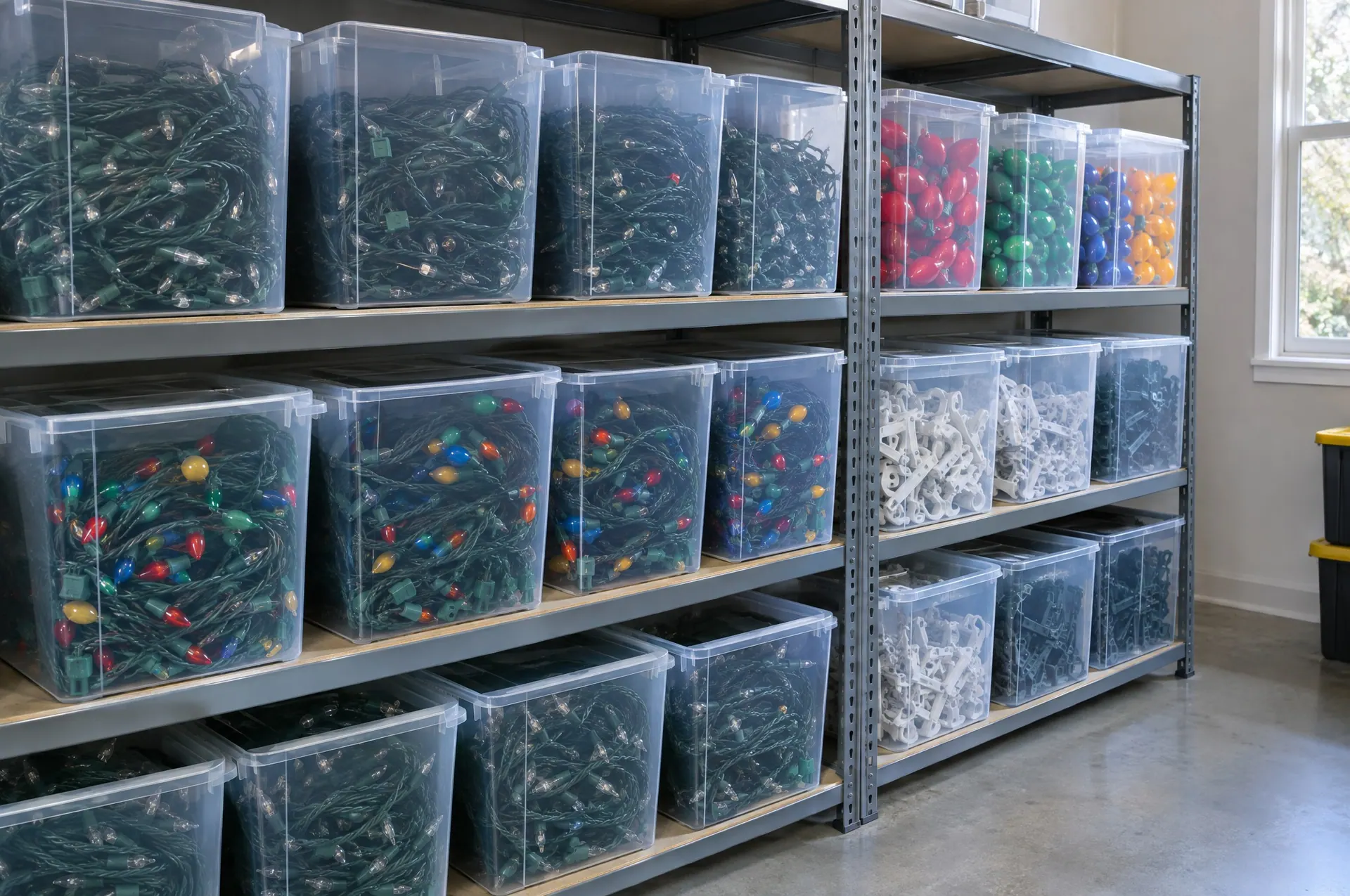 Organized storage bins of coiled Christmas light strands, C9 bulbs and gutter clips on metal shelving